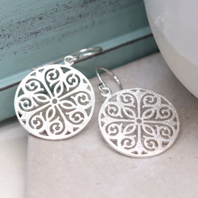 Sterling Silver Fligree Disc Drop Earrings by Peace Of Mind